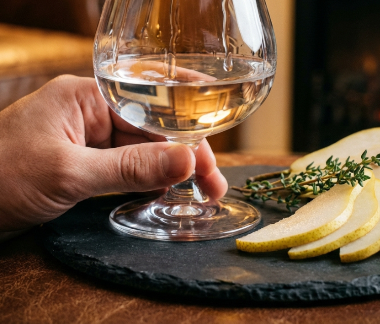 Čašica bistre rakije od kruške viljamovke, na stolu pored kruška.